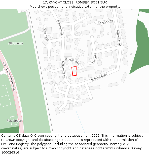 17, KNYGHT CLOSE, ROMSEY, SO51 5UX: Location map and indicative extent of plot