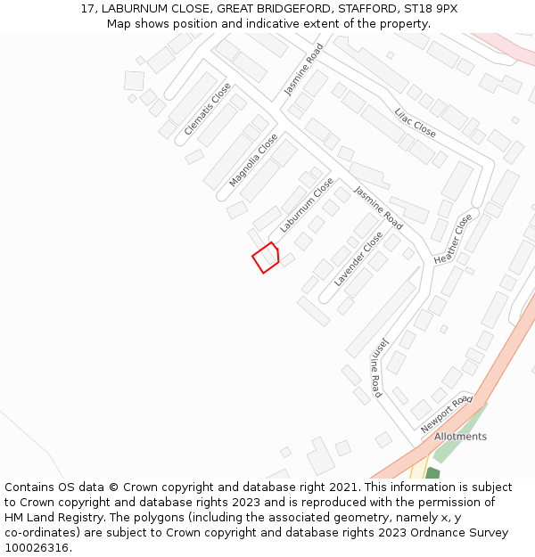 17, LABURNUM CLOSE, GREAT BRIDGEFORD, STAFFORD, ST18 9PX: Location map and indicative extent of plot