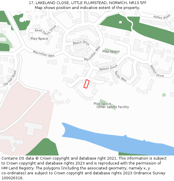 17, LAKELAND CLOSE, LITTLE PLUMSTEAD, NORWICH, NR13 5FF: Location map and indicative extent of plot