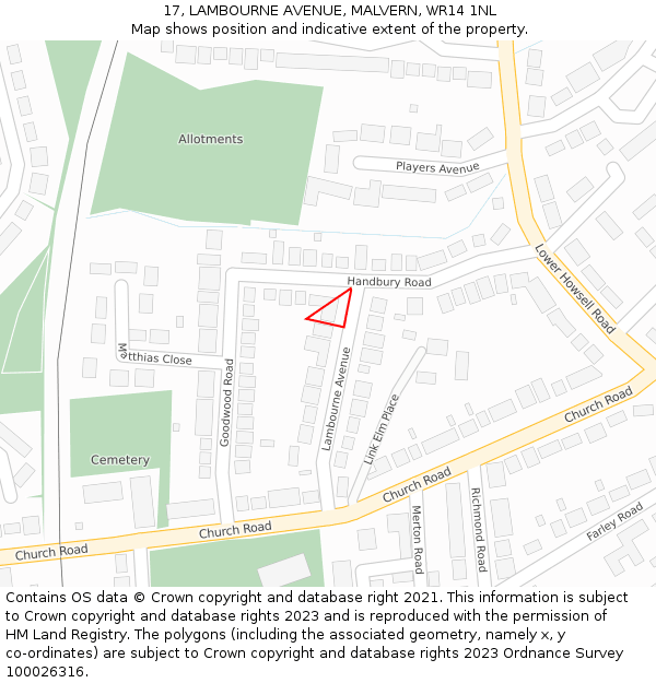 17, LAMBOURNE AVENUE, MALVERN, WR14 1NL: Location map and indicative extent of plot
