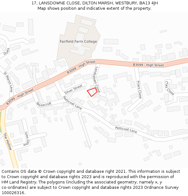 17, LANSDOWNE CLOSE, DILTON MARSH, WESTBURY, BA13 4JH: Location map and indicative extent of plot