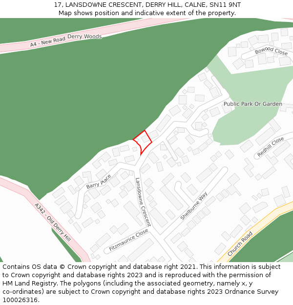 17, LANSDOWNE CRESCENT, DERRY HILL, CALNE, SN11 9NT: Location map and indicative extent of plot