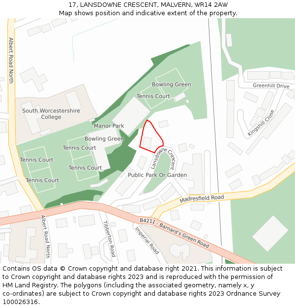 17, LANSDOWNE CRESCENT, MALVERN, WR14 2AW: Location map and indicative extent of plot