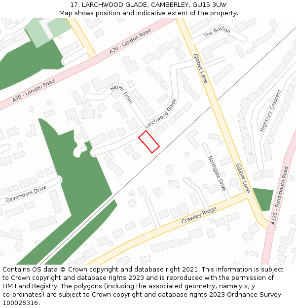 17, LARCHWOOD GLADE, CAMBERLEY, GU15 3UW: Location map and indicative extent of plot