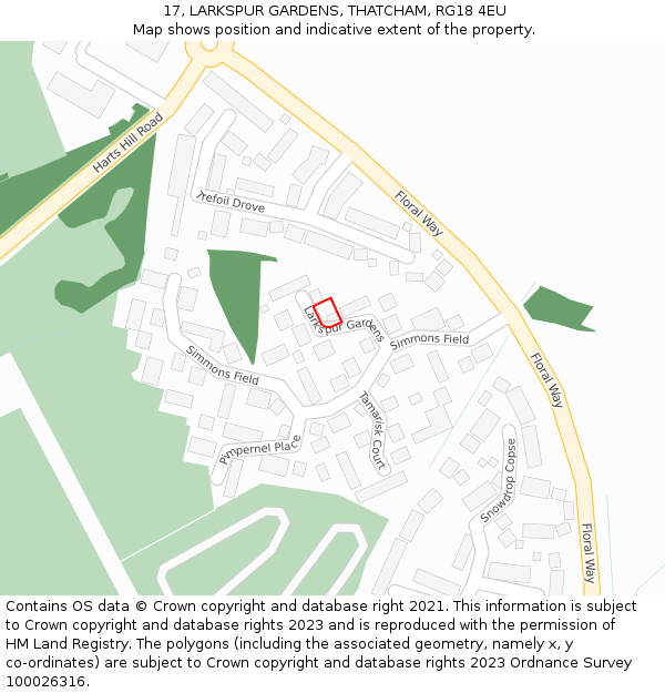 17, LARKSPUR GARDENS, THATCHAM, RG18 4EU: Location map and indicative extent of plot