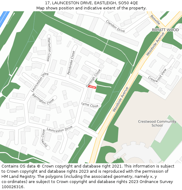 17, LAUNCESTON DRIVE, EASTLEIGH, SO50 4QE: Location map and indicative extent of plot