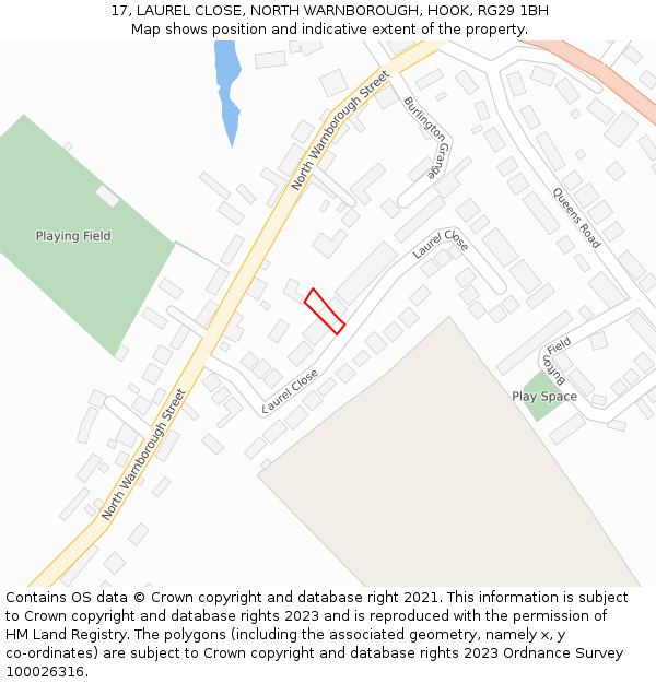 17, LAUREL CLOSE, NORTH WARNBOROUGH, HOOK, RG29 1BH: Location map and indicative extent of plot