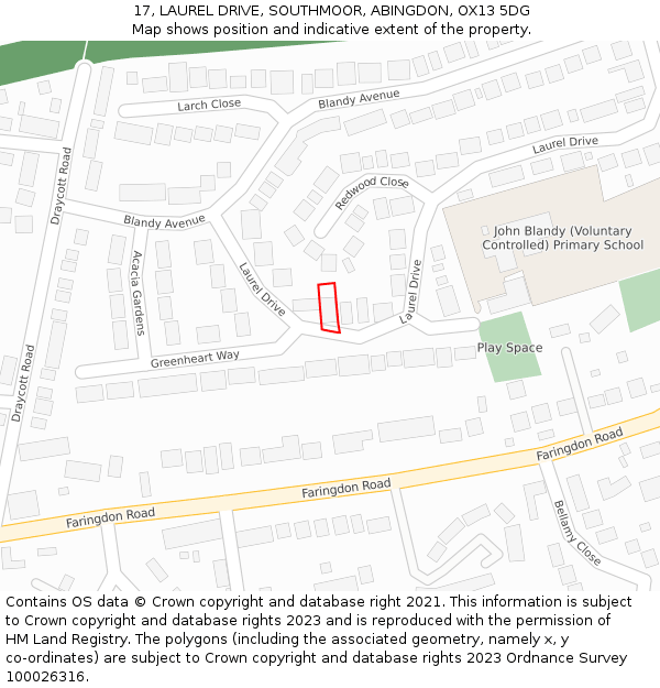 17, LAUREL DRIVE, SOUTHMOOR, ABINGDON, OX13 5DG: Location map and indicative extent of plot