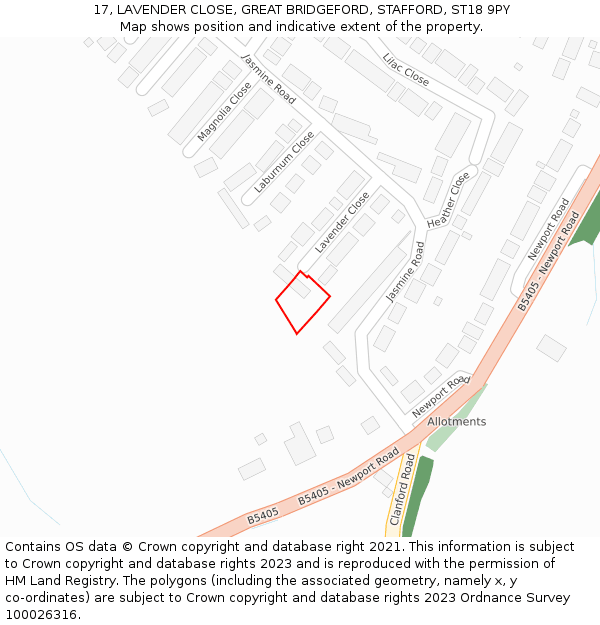 17, LAVENDER CLOSE, GREAT BRIDGEFORD, STAFFORD, ST18 9PY: Location map and indicative extent of plot