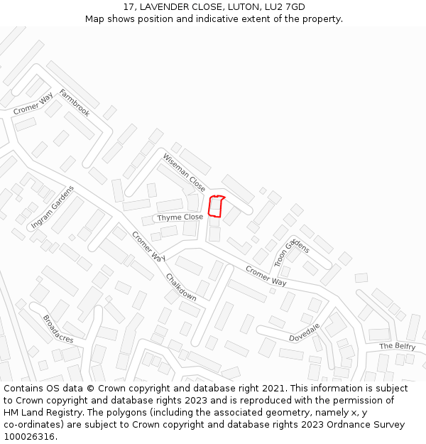 17, LAVENDER CLOSE, LUTON, LU2 7GD: Location map and indicative extent of plot