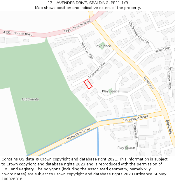 17, LAVENDER DRIVE, SPALDING, PE11 1YR: Location map and indicative extent of plot