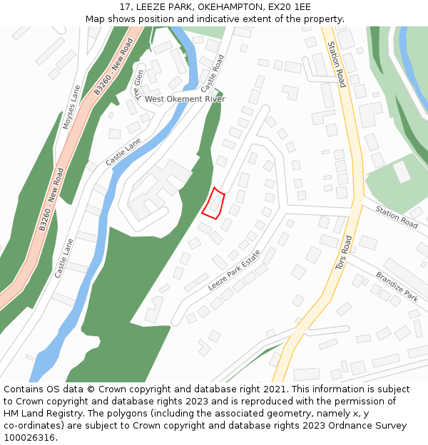 17, LEEZE PARK, OKEHAMPTON, EX20 1EE: Location map and indicative extent of plot