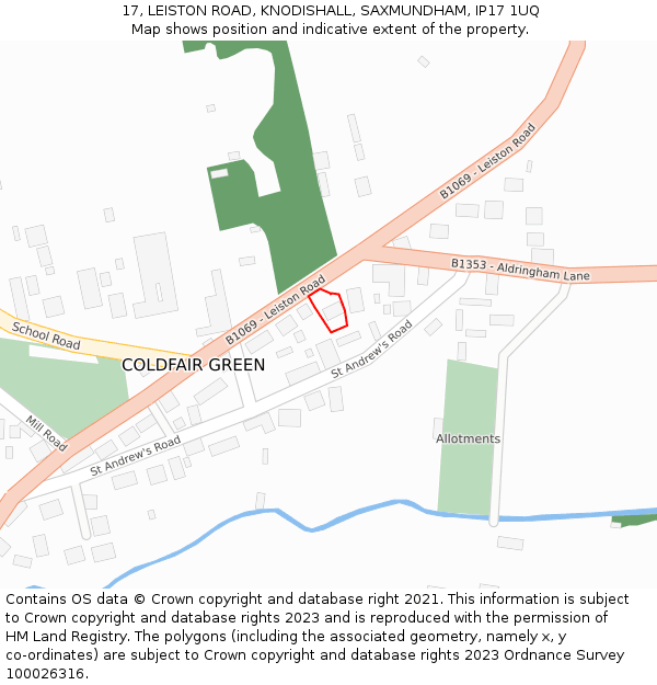 17, LEISTON ROAD, KNODISHALL, SAXMUNDHAM, IP17 1UQ: Location map and indicative extent of plot
