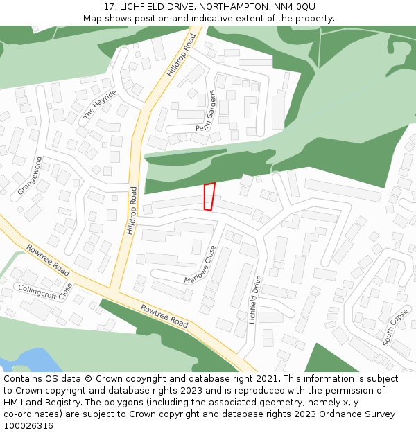 17, LICHFIELD DRIVE, NORTHAMPTON, NN4 0QU: Location map and indicative extent of plot