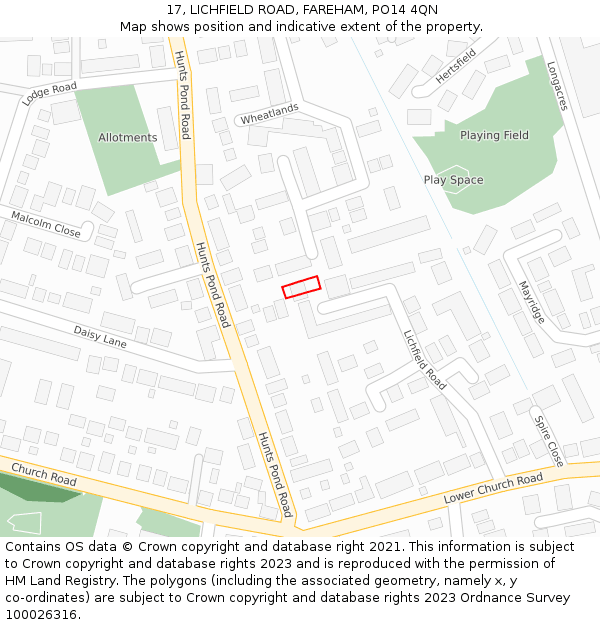 17, LICHFIELD ROAD, FAREHAM, PO14 4QN: Location map and indicative extent of plot