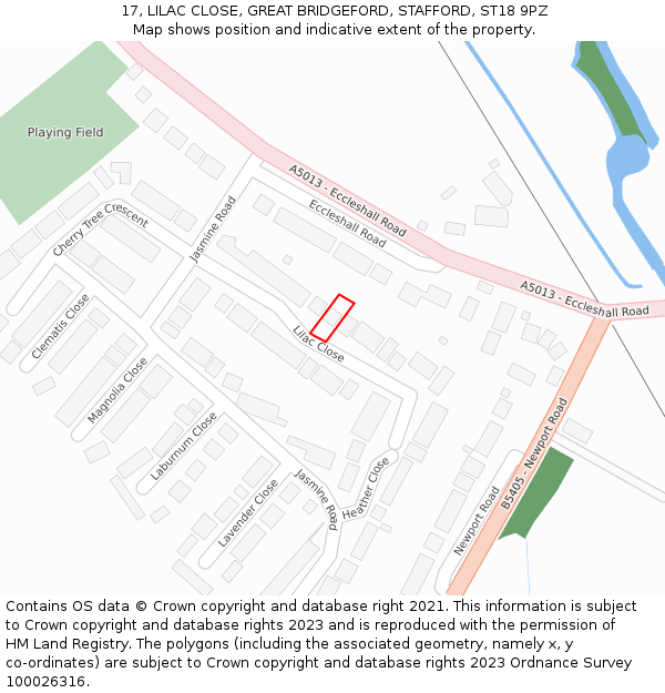 17, LILAC CLOSE, GREAT BRIDGEFORD, STAFFORD, ST18 9PZ: Location map and indicative extent of plot