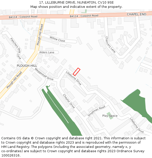 17, LILLEBURNE DRIVE, NUNEATON, CV10 9SE: Location map and indicative extent of plot