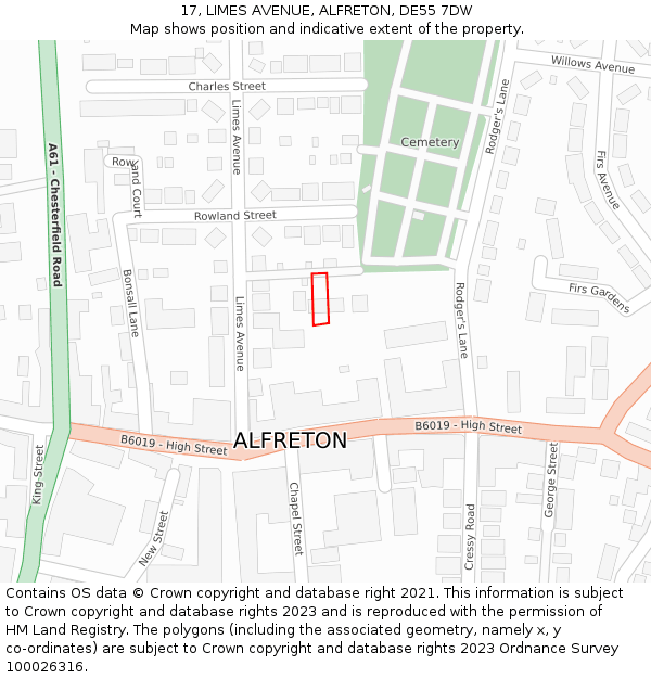 17, LIMES AVENUE, ALFRETON, DE55 7DW: Location map and indicative extent of plot