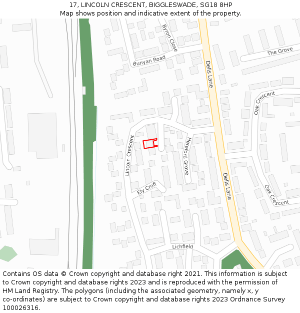 17, LINCOLN CRESCENT, BIGGLESWADE, SG18 8HP: Location map and indicative extent of plot