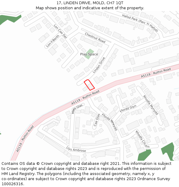 17, LINDEN DRIVE, MOLD, CH7 1QT: Location map and indicative extent of plot