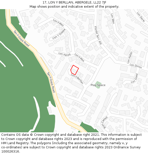 17, LON Y BERLLAN, ABERGELE, LL22 7JF: Location map and indicative extent of plot
