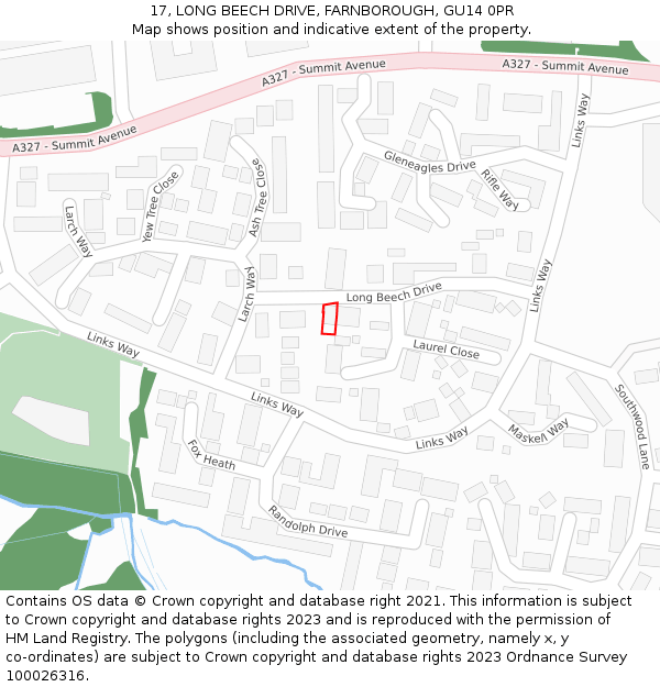 17, LONG BEECH DRIVE, FARNBOROUGH, GU14 0PR: Location map and indicative extent of plot