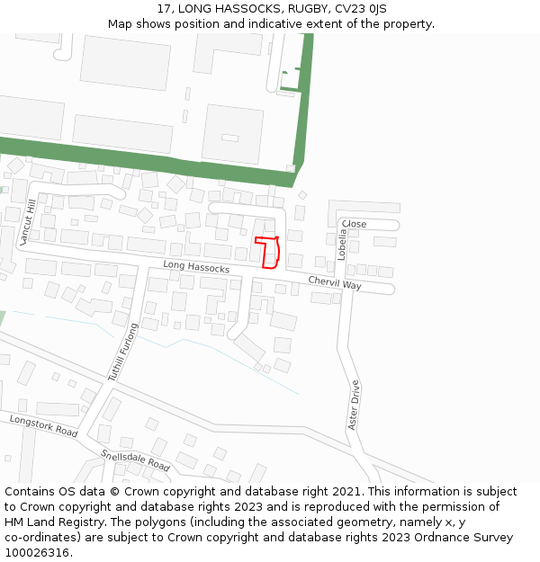 17, LONG HASSOCKS, RUGBY, CV23 0JS: Location map and indicative extent of plot