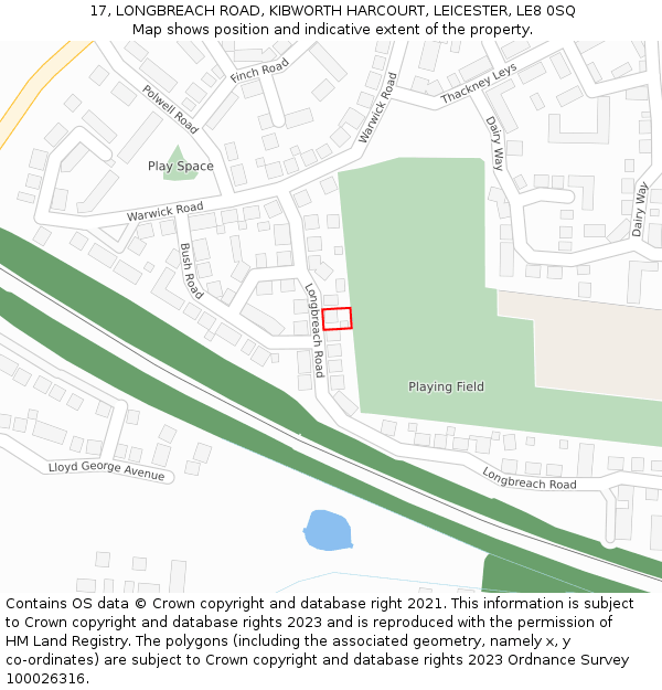 17, LONGBREACH ROAD, KIBWORTH HARCOURT, LEICESTER, LE8 0SQ: Location map and indicative extent of plot
