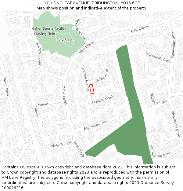 17, LONGLEAT AVENUE, BRIDLINGTON, YO16 6GE: Location map and indicative extent of plot