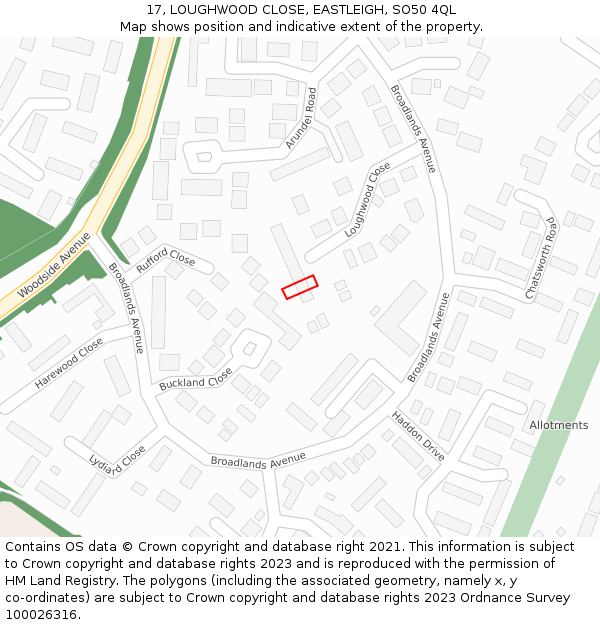 17, LOUGHWOOD CLOSE, EASTLEIGH, SO50 4QL: Location map and indicative extent of plot