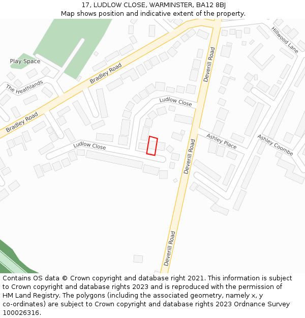 17, LUDLOW CLOSE, WARMINSTER, BA12 8BJ: Location map and indicative extent of plot