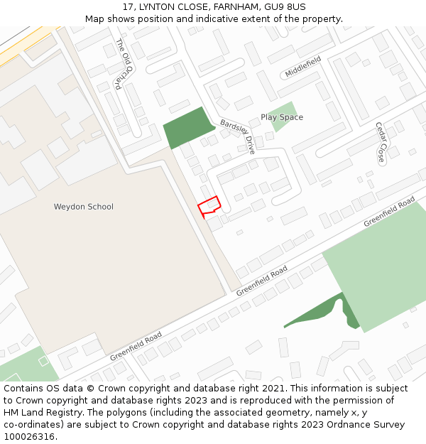 17, LYNTON CLOSE, FARNHAM, GU9 8US: Location map and indicative extent of plot
