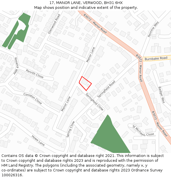 17, MANOR LANE, VERWOOD, BH31 6HX: Location map and indicative extent of plot