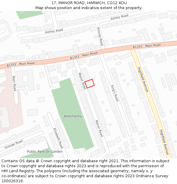 17, MANOR ROAD, HARWICH, CO12 4DU: Location map and indicative extent of plot