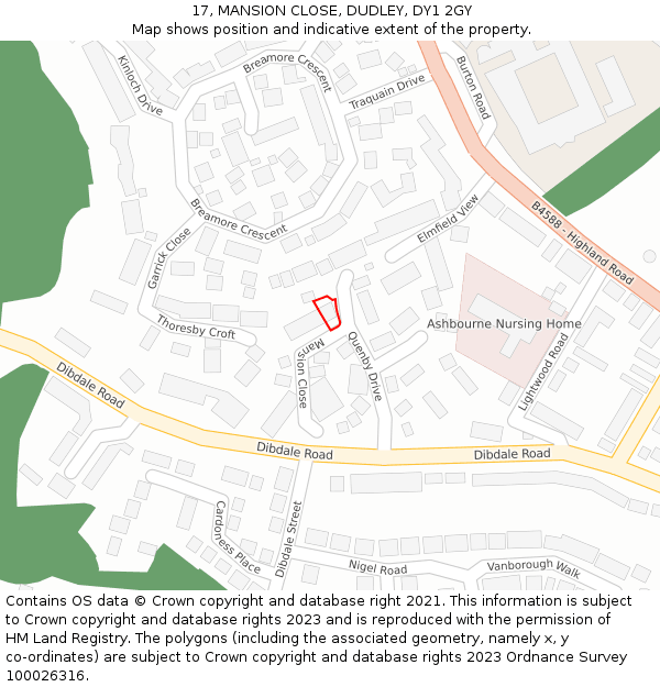 17, MANSION CLOSE, DUDLEY, DY1 2GY: Location map and indicative extent of plot