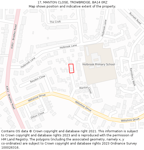 17, MANTON CLOSE, TROWBRIDGE, BA14 0RZ: Location map and indicative extent of plot