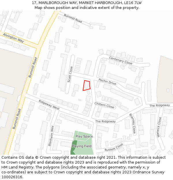 17, MARLBOROUGH WAY, MARKET HARBOROUGH, LE16 7LW: Location map and indicative extent of plot