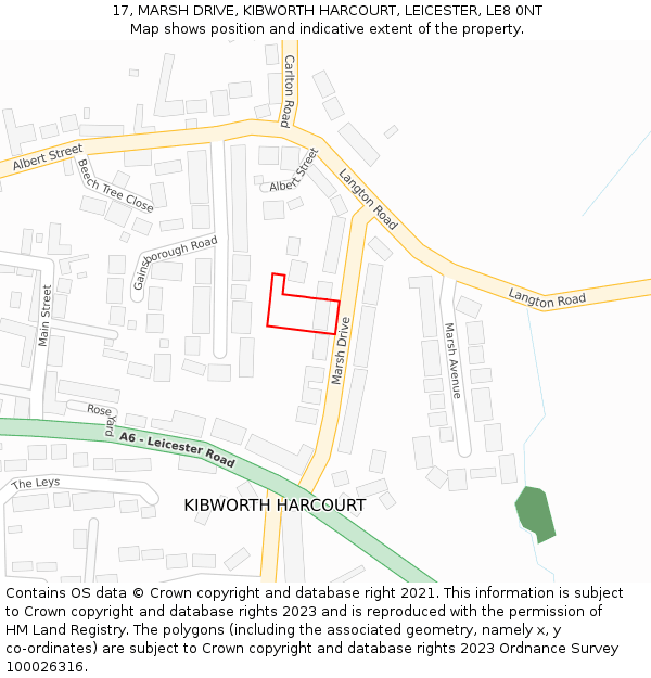 17, MARSH DRIVE, KIBWORTH HARCOURT, LEICESTER, LE8 0NT: Location map and indicative extent of plot