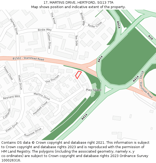 17, MARTINS DRIVE, HERTFORD, SG13 7TA: Location map and indicative extent of plot