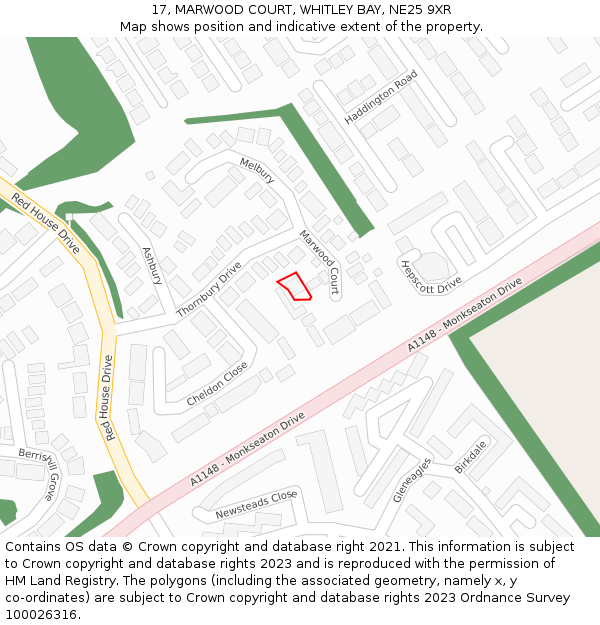 17, MARWOOD COURT, WHITLEY BAY, NE25 9XR: Location map and indicative extent of plot