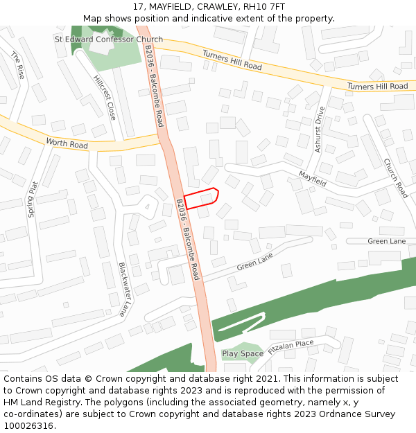 17, MAYFIELD, CRAWLEY, RH10 7FT: Location map and indicative extent of plot