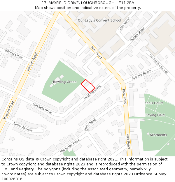 17, MAYFIELD DRIVE, LOUGHBOROUGH, LE11 2EA: Location map and indicative extent of plot