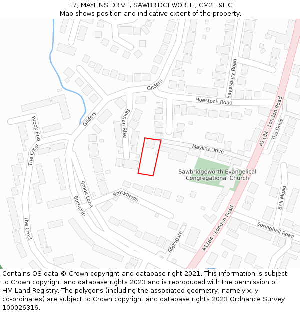 17, MAYLINS DRIVE, SAWBRIDGEWORTH, CM21 9HG: Location map and indicative extent of plot