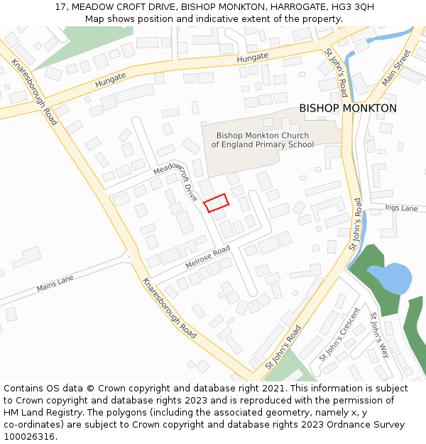 17, MEADOW CROFT DRIVE, BISHOP MONKTON, HARROGATE, HG3 3QH: Location map and indicative extent of plot