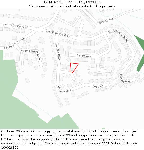 17, MEADOW DRIVE, BUDE, EX23 8HZ: Location map and indicative extent of plot