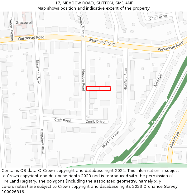 17, MEADOW ROAD, SUTTON, SM1 4NF: Location map and indicative extent of plot