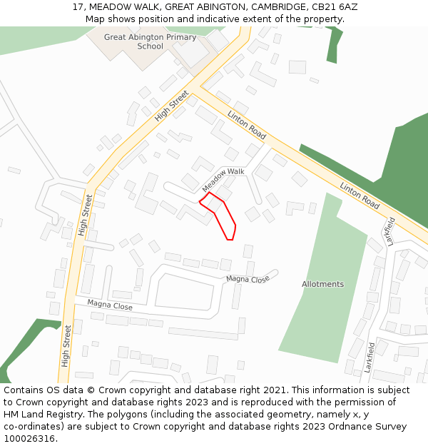 17, MEADOW WALK, GREAT ABINGTON, CAMBRIDGE, CB21 6AZ: Location map and indicative extent of plot