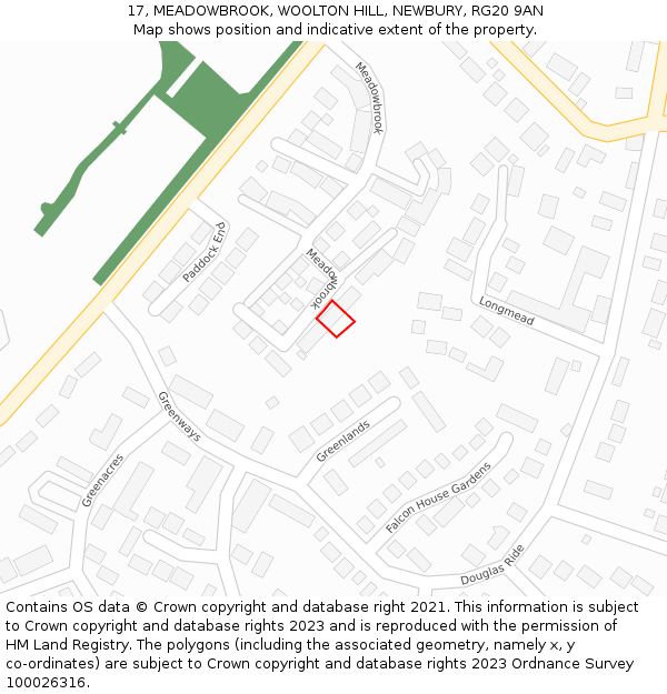 17, MEADOWBROOK, WOOLTON HILL, NEWBURY, RG20 9AN: Location map and indicative extent of plot