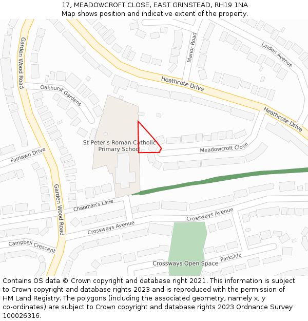 17, MEADOWCROFT CLOSE, EAST GRINSTEAD, RH19 1NA: Location map and indicative extent of plot