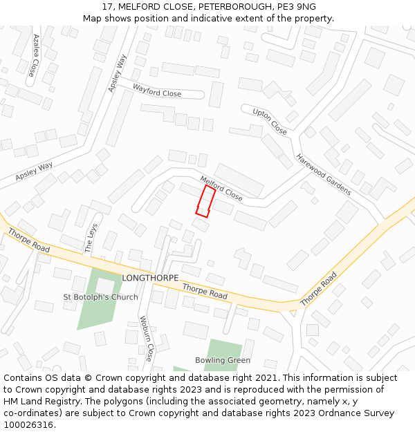 17, MELFORD CLOSE, PETERBOROUGH, PE3 9NG: Location map and indicative extent of plot